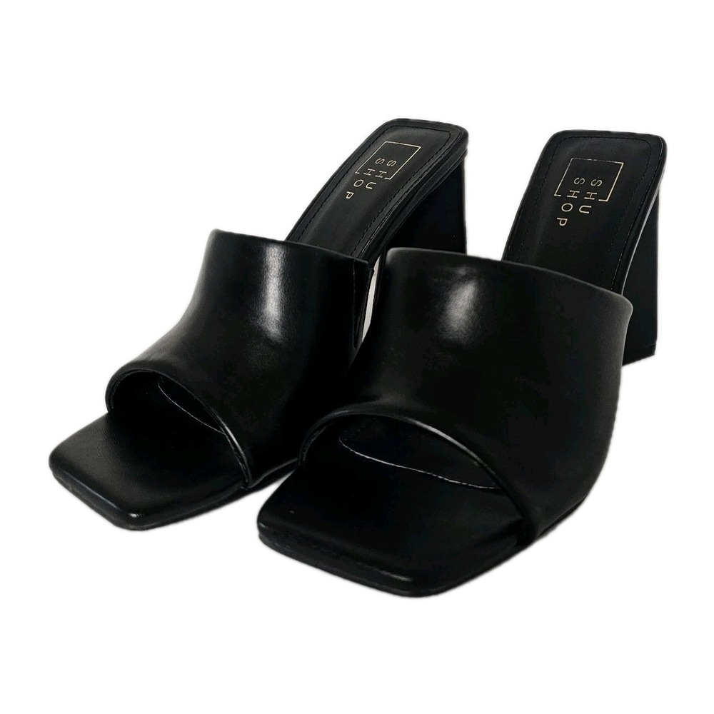Womens Shu Shop Size 7 Triangle Heel Black Slip On Peep Toe Leather‎ Heels Goth